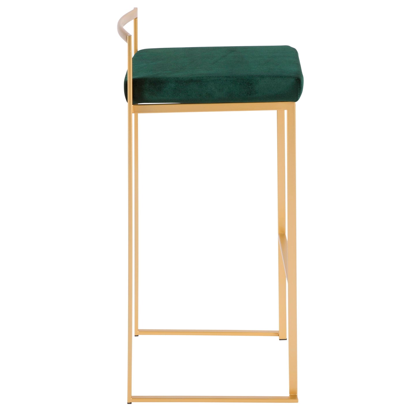 Side view of the Fuji - Contemporary / Glam & Quality Construction Barstool, featuring a gold metal frame, green upholstered seat, minimalistic geometric design, and low backrest.