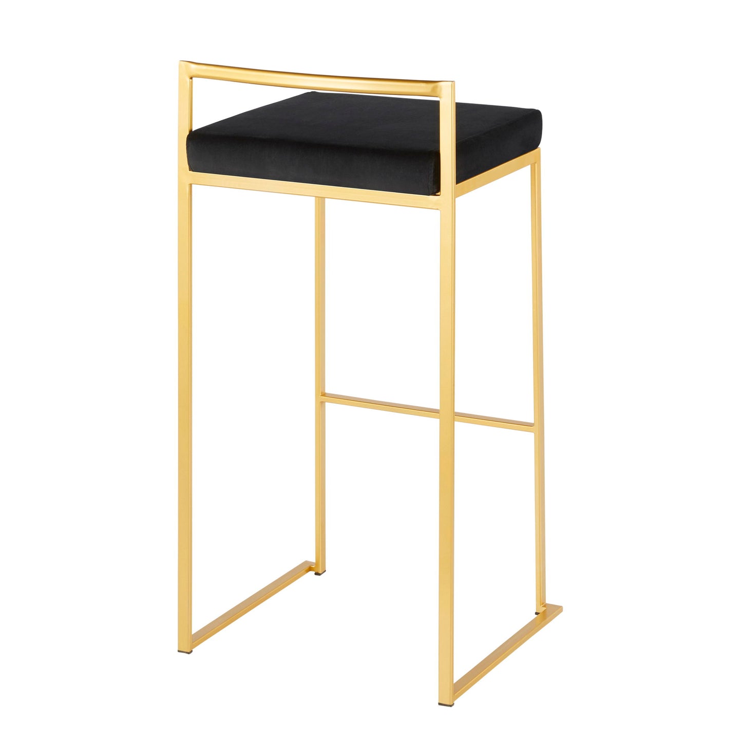 The Fuji barstool features a contemporary glam design with a gold metal frame, rectangular black cushioned seat, minimalist lines, and an open back for modern appeal.
