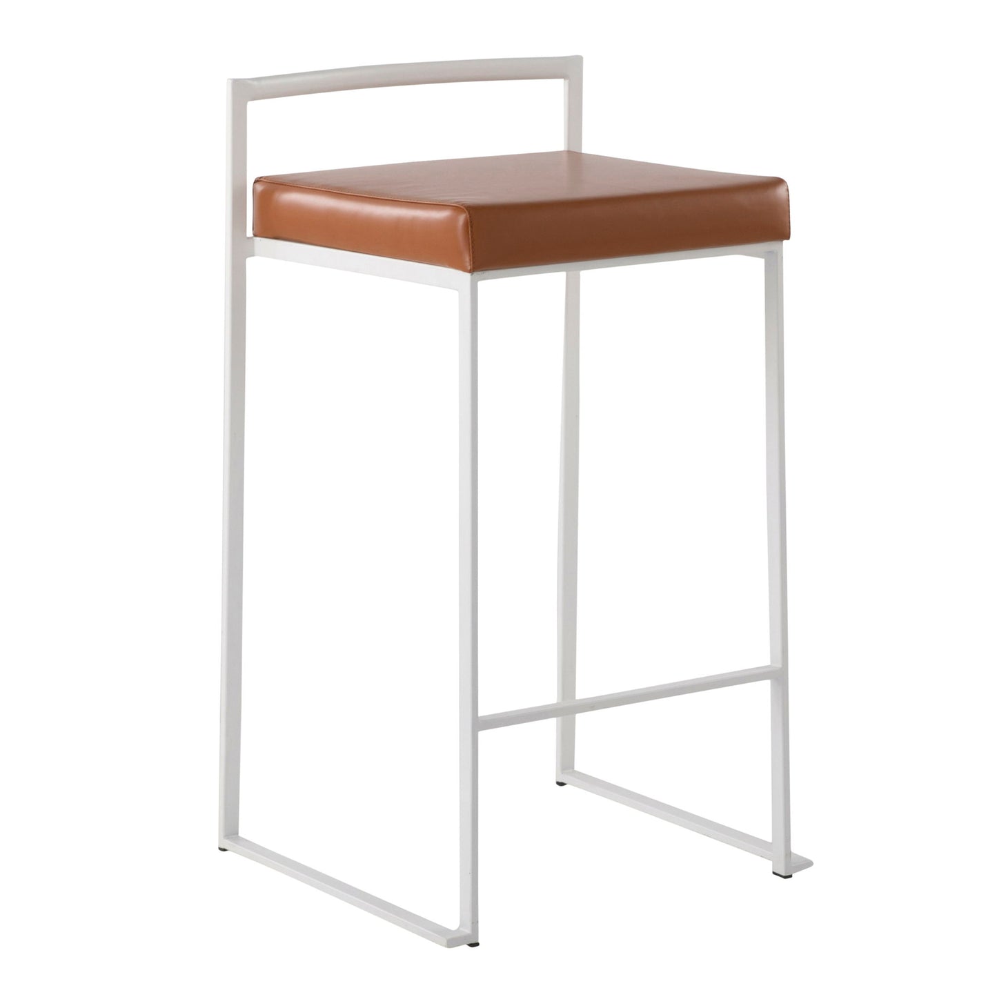 The Fuji Simple Elegance Contemporary Stackable Counter Stool features a white metal frame with square legs, a brown cushioned seat, and a minimalistic backless design with a horizontal support bar.