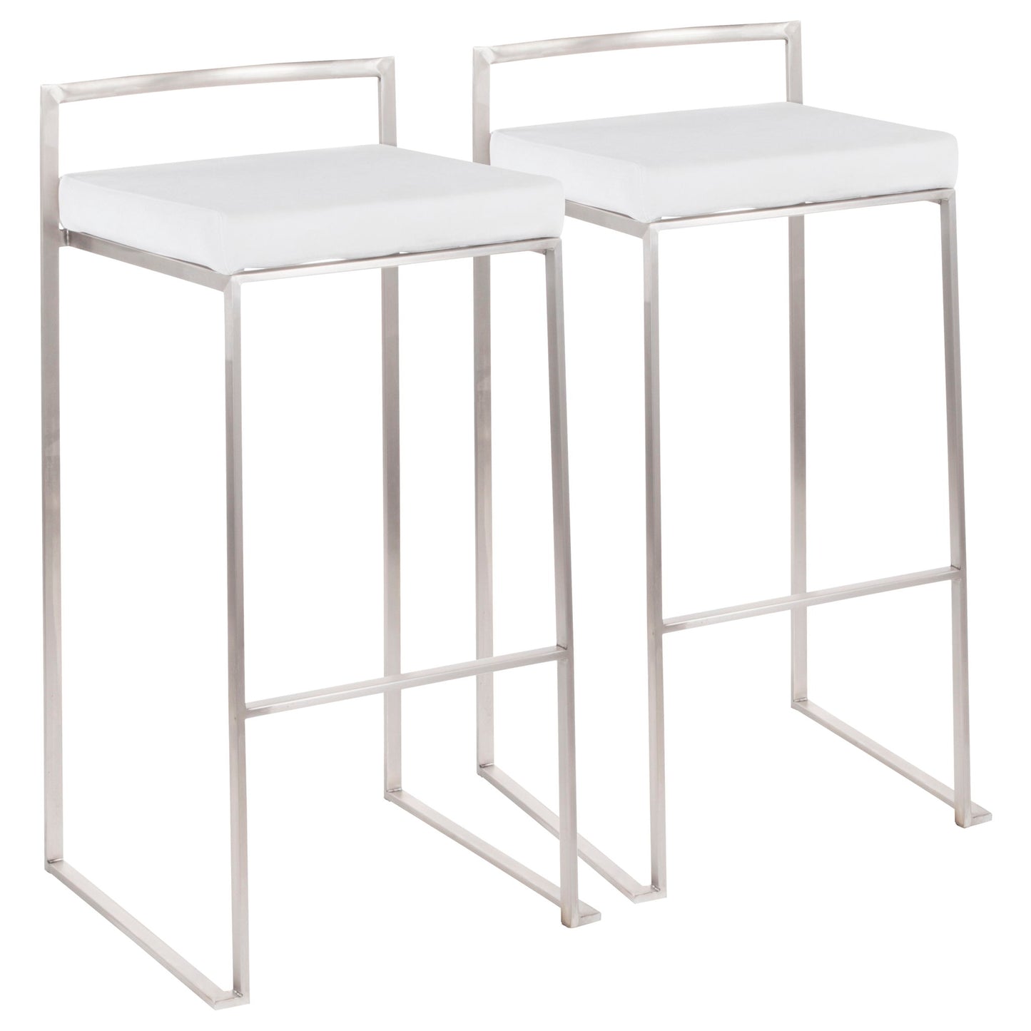 The Fuji Barstool features a contemporary and elegant design with white cushioned seats, stackable minimalist silver metal frames, straight lines, and a low rectangular backrest.