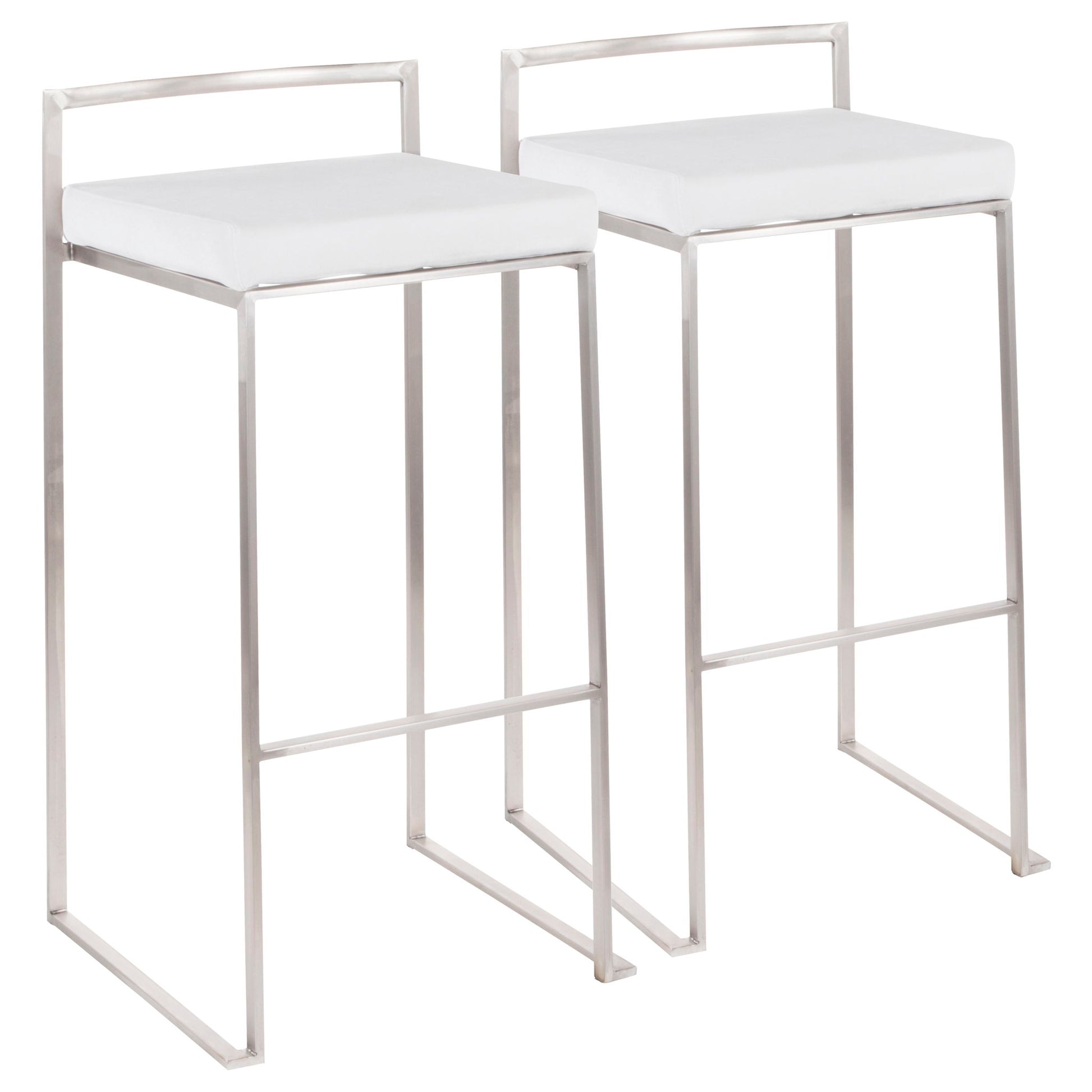 The Fuji Barstool features a contemporary and elegant design with white cushioned seats, stackable minimalist silver metal frames, straight lines, and a low rectangular backrest.