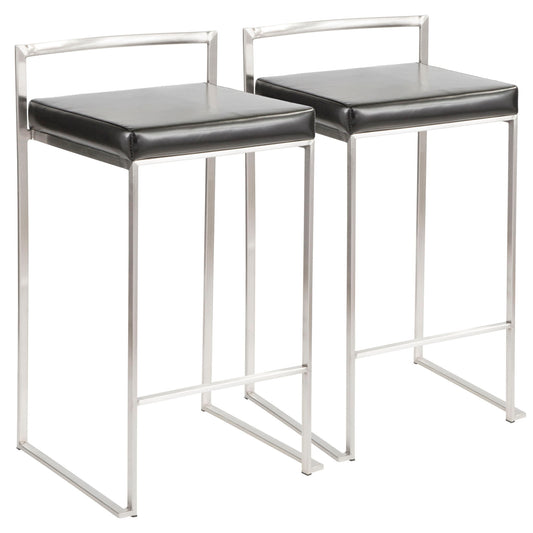 The Fuji Contemporary Stackable Counter Stools (set of 2) feature sleek metal frames, black cushioned seats, minimalist backs, and footrests for a modern look.