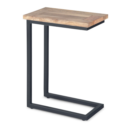 The Skyler - C Side Handcrafted Table features a modern wooden top and black metal frame, designed to slide easily under sofas or chairs for convenient use.