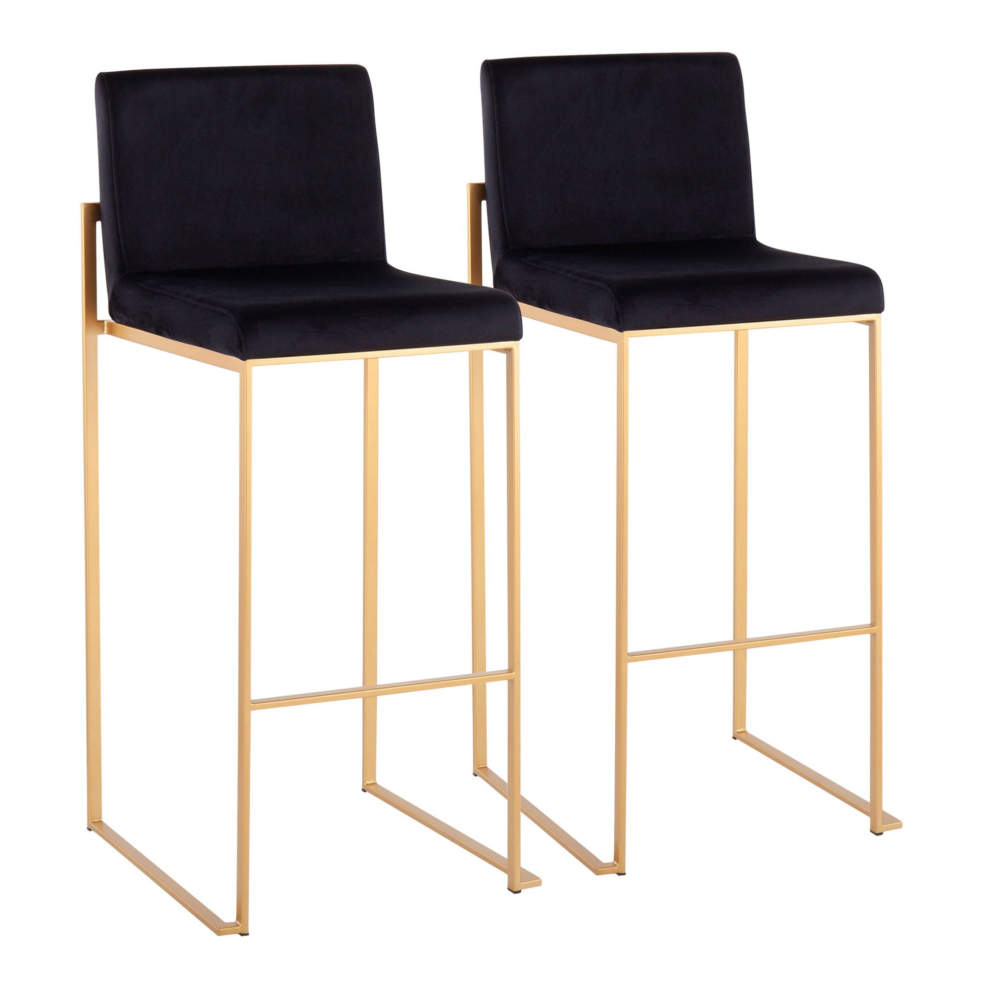 The Fuji Contemporary Design High Back Barstool (Set of 2) features black cushioned seats and backs with sleek gold metal frames, straight legs, and a minimalist modern design.