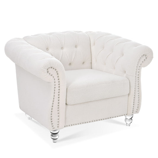 The 1 Seater Sofa For Living Room features a white, tufted design with rolled arms, silver nailhead trim, plush seat cushion, and short metallic turned legs for a classic and elegant look.