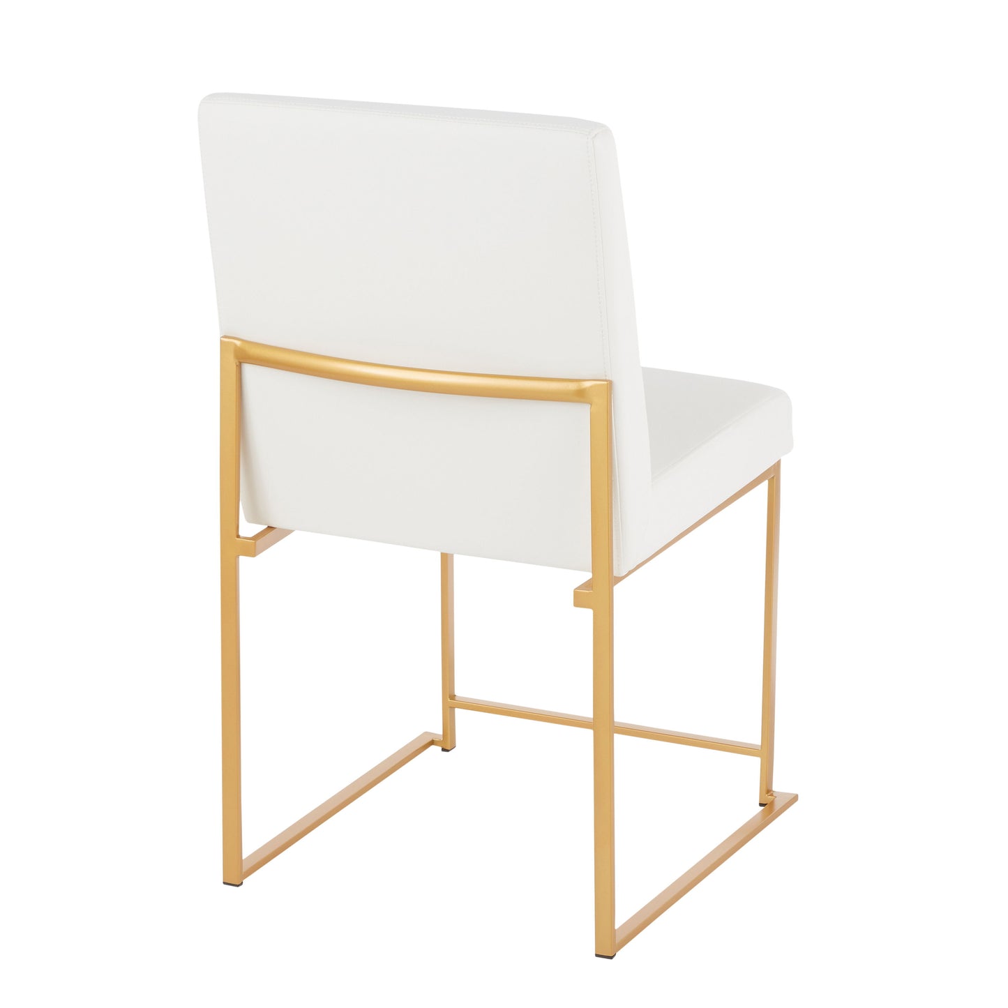 The back view of the white Fuji dining chair showcases a rectangular cushioned backrest and seat on a gold metal frame. The sleek, minimalist design features straight lines and open space beneath the seat, adding to its contemporary style. Comes as a set of 2 chairs.