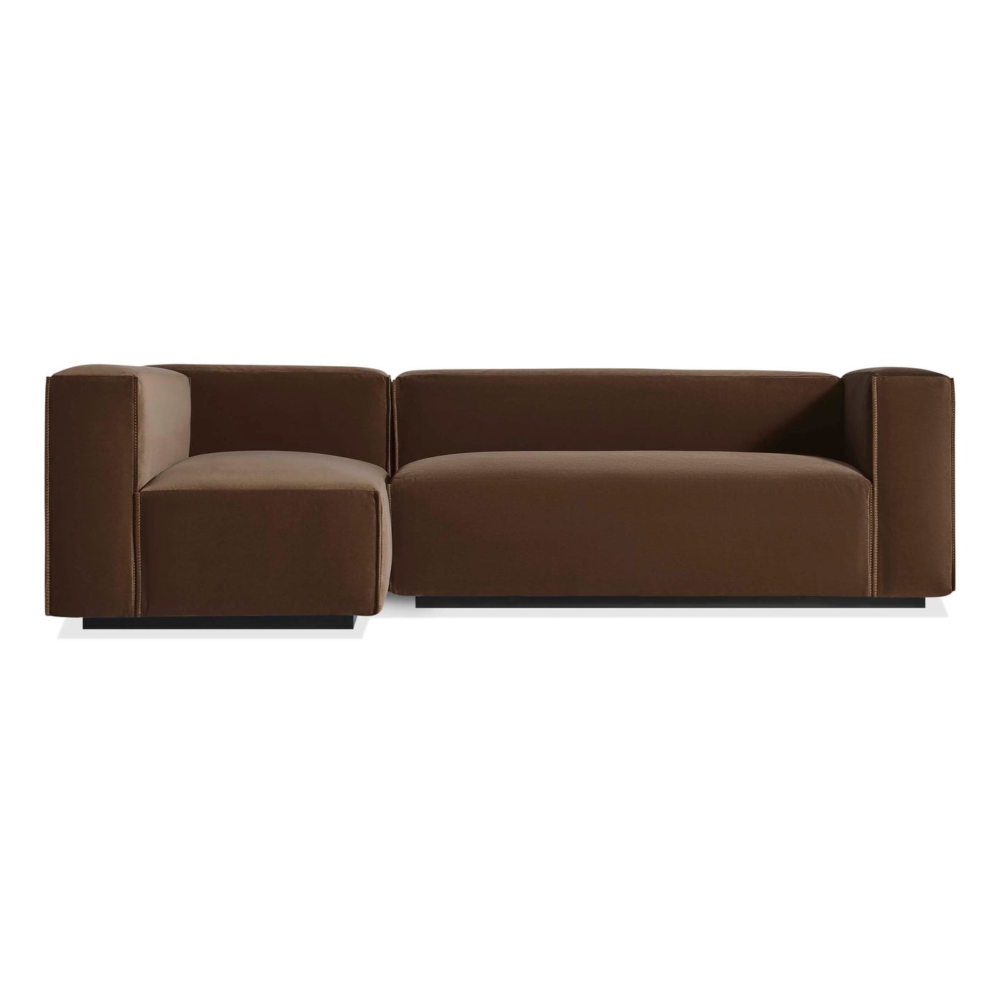 The Cleon Small Right Sectional Sofa, upholstered in coffee velvet, features a modern low-profile design with thick blocky arms and backrests, shown here against a plain white background.