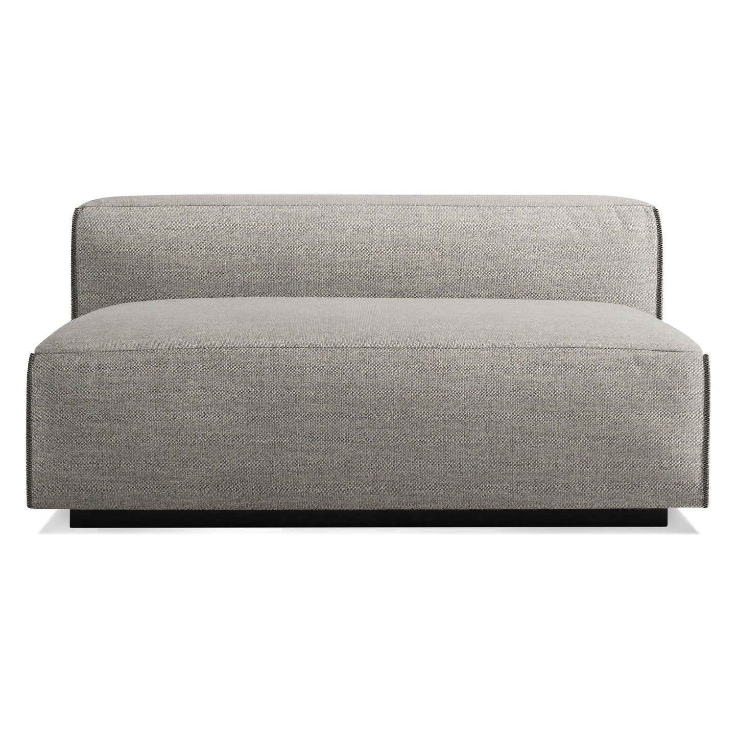 The Cleon Unarmed Sofa in Tait Charcoal features a modern, armless design with boxy lines and charcoal upholstery, displayed against a plain white background.