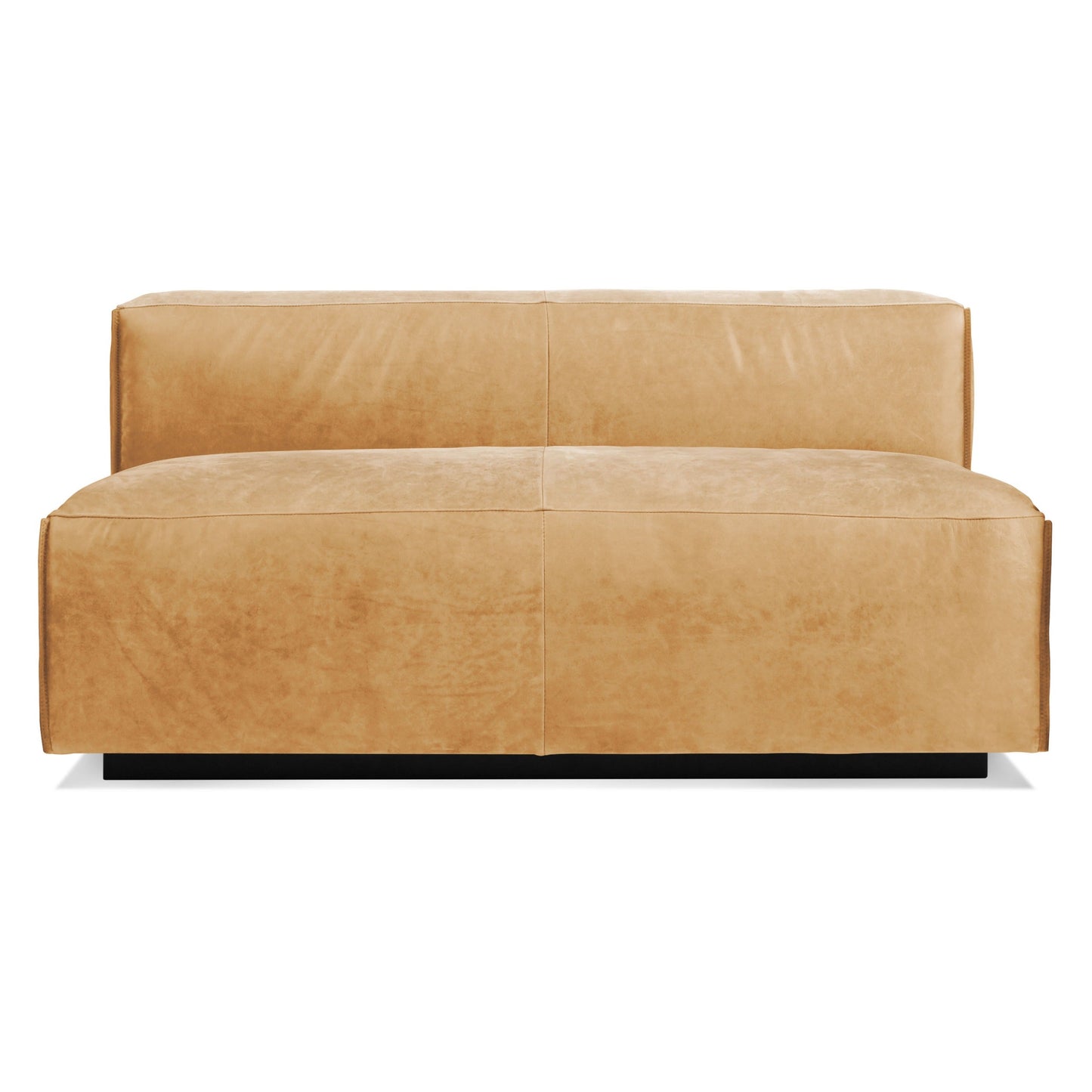 The Cleon Leather Unarmed Sofa in camel leather features a modern armless design with clean, boxy lines and a low black base, shown from the front against a white background.