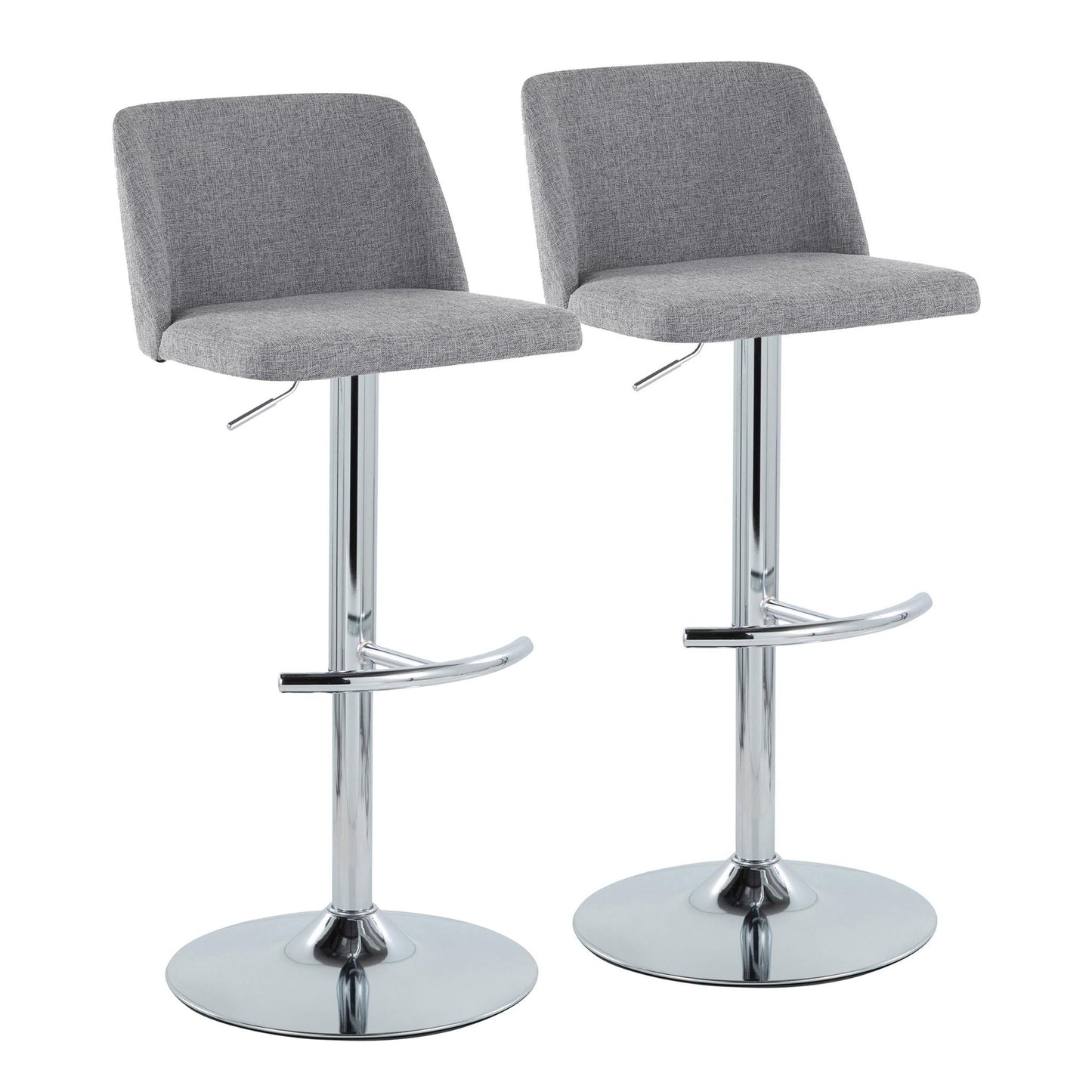 Set of 2 Toriano Contemporary Adjustable Barstools with swivel seats, light gray upholstery, chrome-finished rounded T footrests and bases, displayed side by side on a white background.