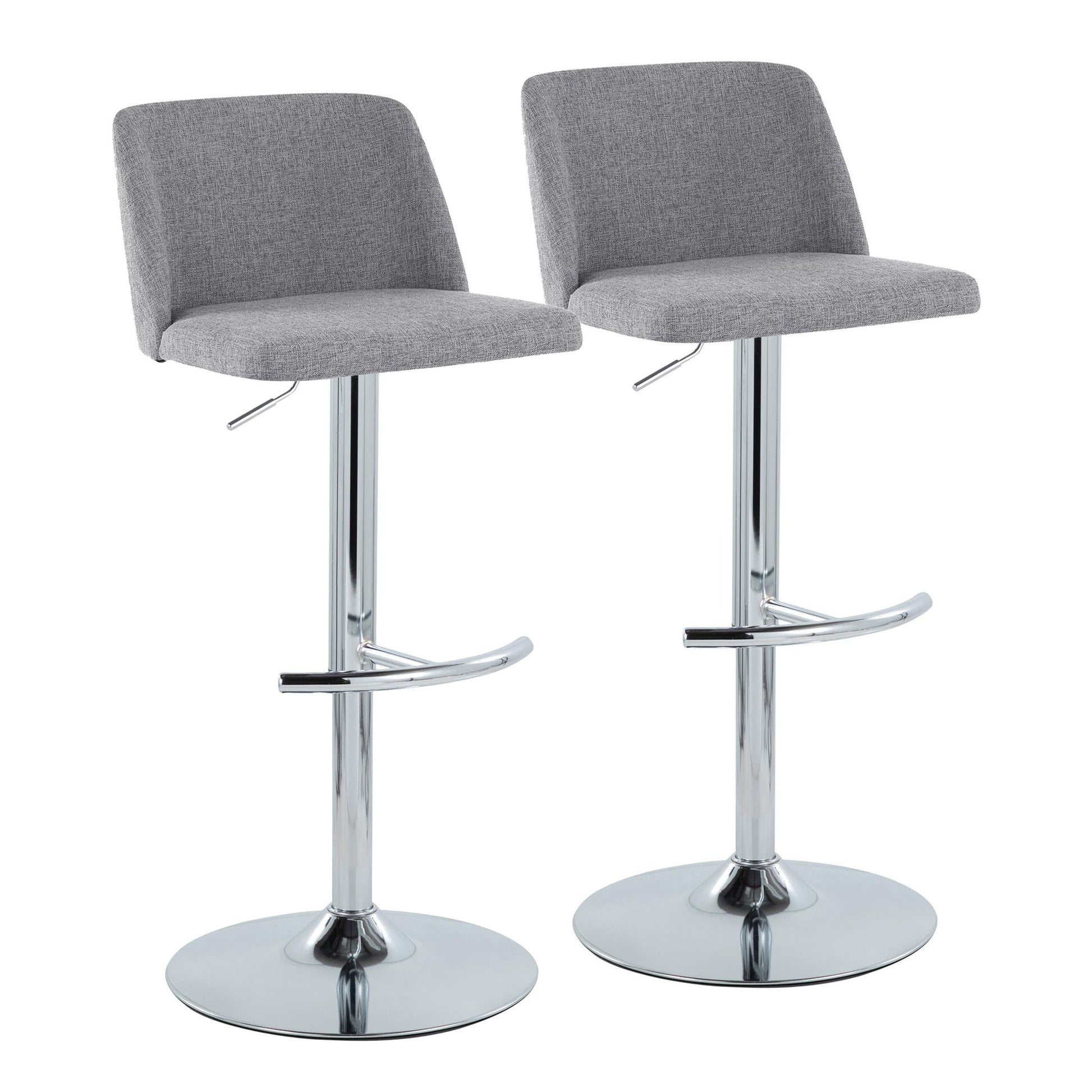 Set of 2 Toriano Contemporary Adjustable Barstools with swivel seats, light gray upholstery, chrome-finished rounded T footrests and bases, displayed side by side on a white background.