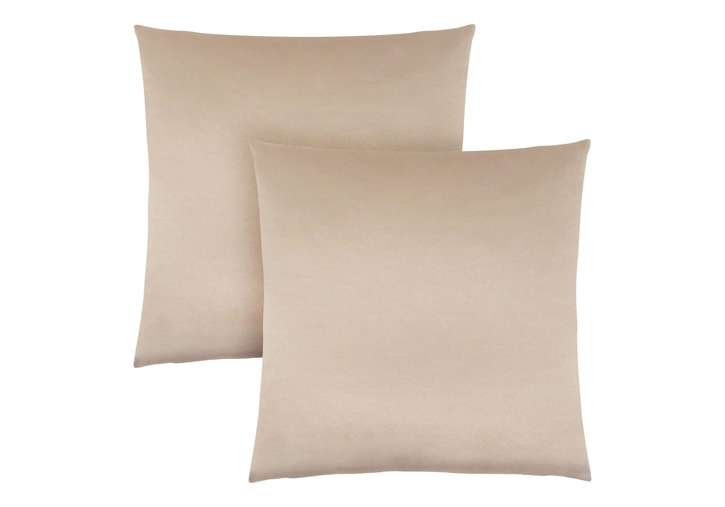 Two modern square decorative throw pillows with inserts, hypoallergenic and light beige, overlap on a white background.