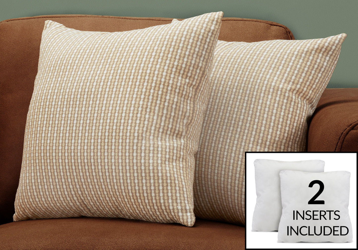 Two beige and white striped decorative throw pillows sit on a brown couch; an inset shows two included hypoallergenic square pillow inserts.