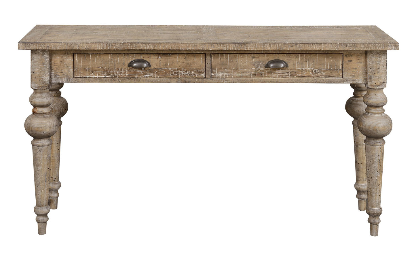 The Ludin - Table features a rustic wooden design with two drawers, metal cup handles, and four turned legs. Its distressed, weathered finish creates a charming vintage look.