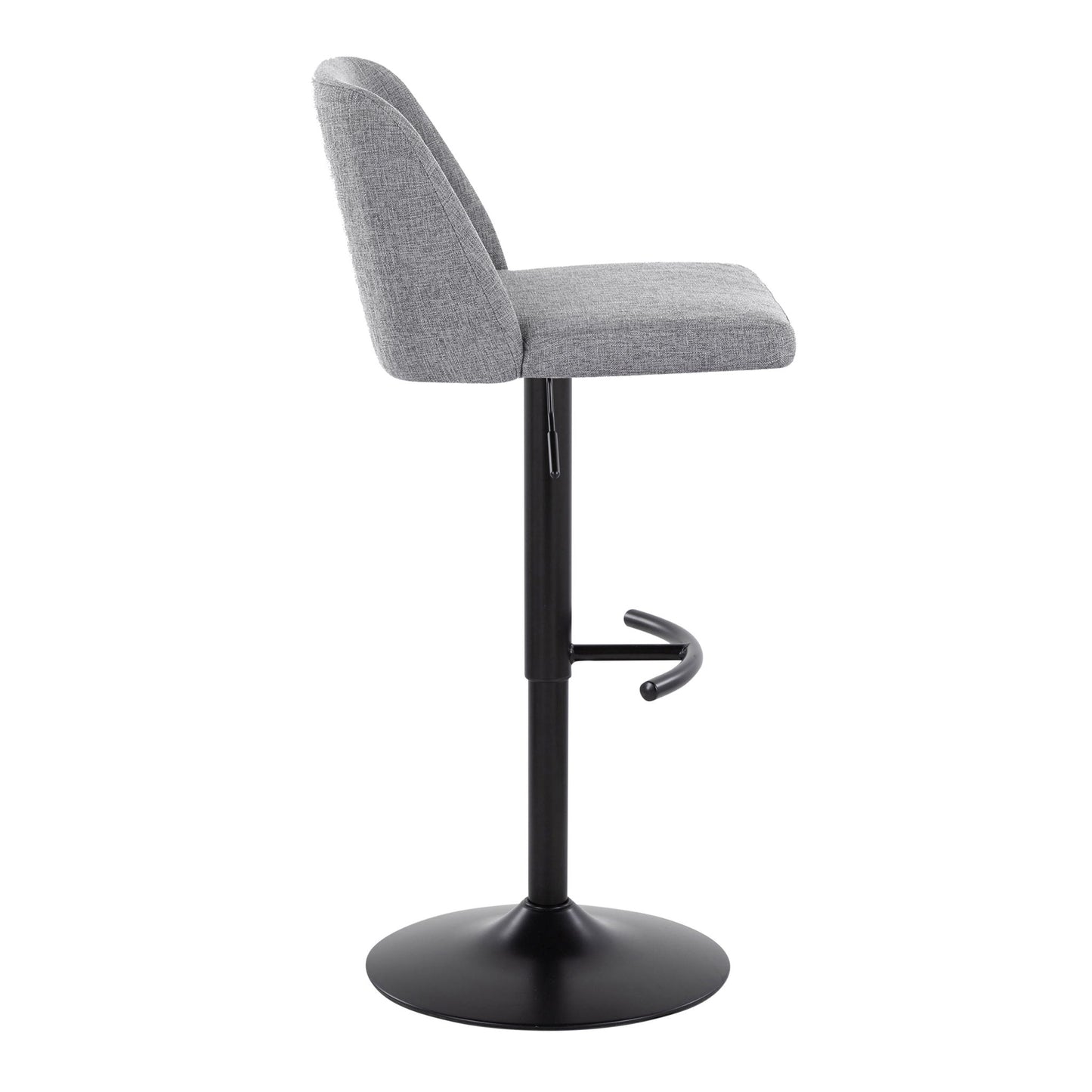 The Toriano Contemporary Adjustable Bar Stool (Set of 2) features modern gray upholstery, a slim black metal base, a rounded T-shaped footrest, and cushioned seat and backrest, shown in side profile against a white background.