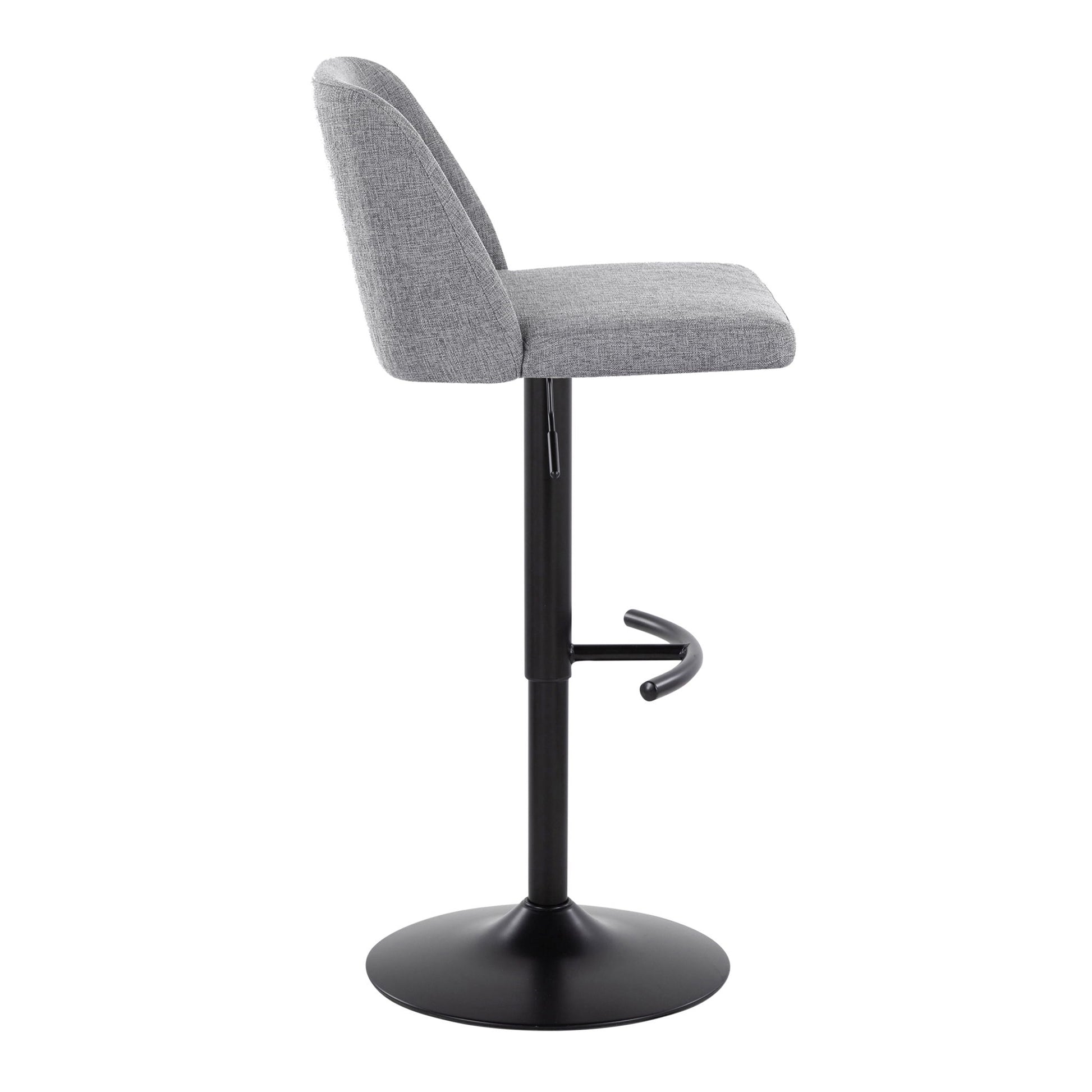 The Toriano Contemporary Adjustable Bar Stool (Set of 2) features modern gray upholstery, a slim black metal base, a rounded T-shaped footrest, and cushioned seat and backrest, shown in side profile against a white background.