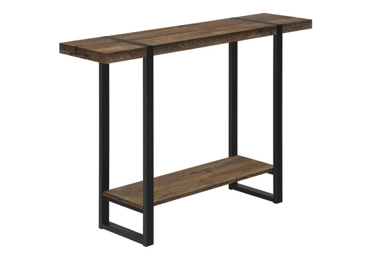 The Accent Console Table For Entryway features a dark wooden top and lower shelf, complemented by a sleek black metal frame for a modern look.