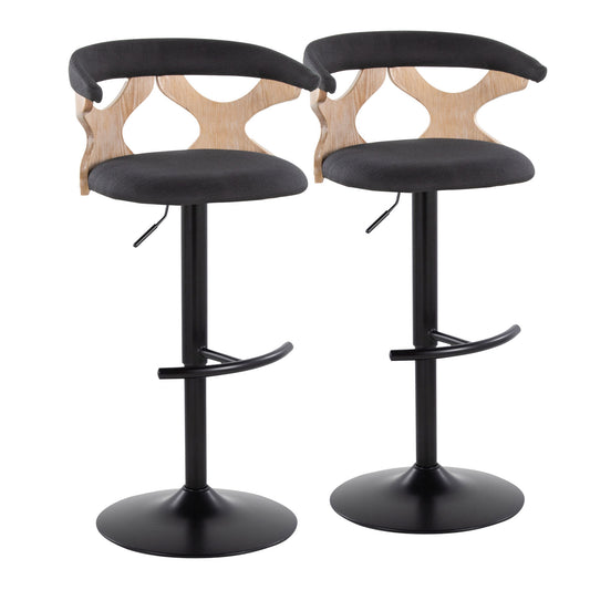 The Gardenia - Contemporary Adjustable Barstool & Swivel (Set of 2) features black cushioned seats, curved wooden backrests with circular cutouts, black metal bases, and rounded T footrests, all set against a white background.