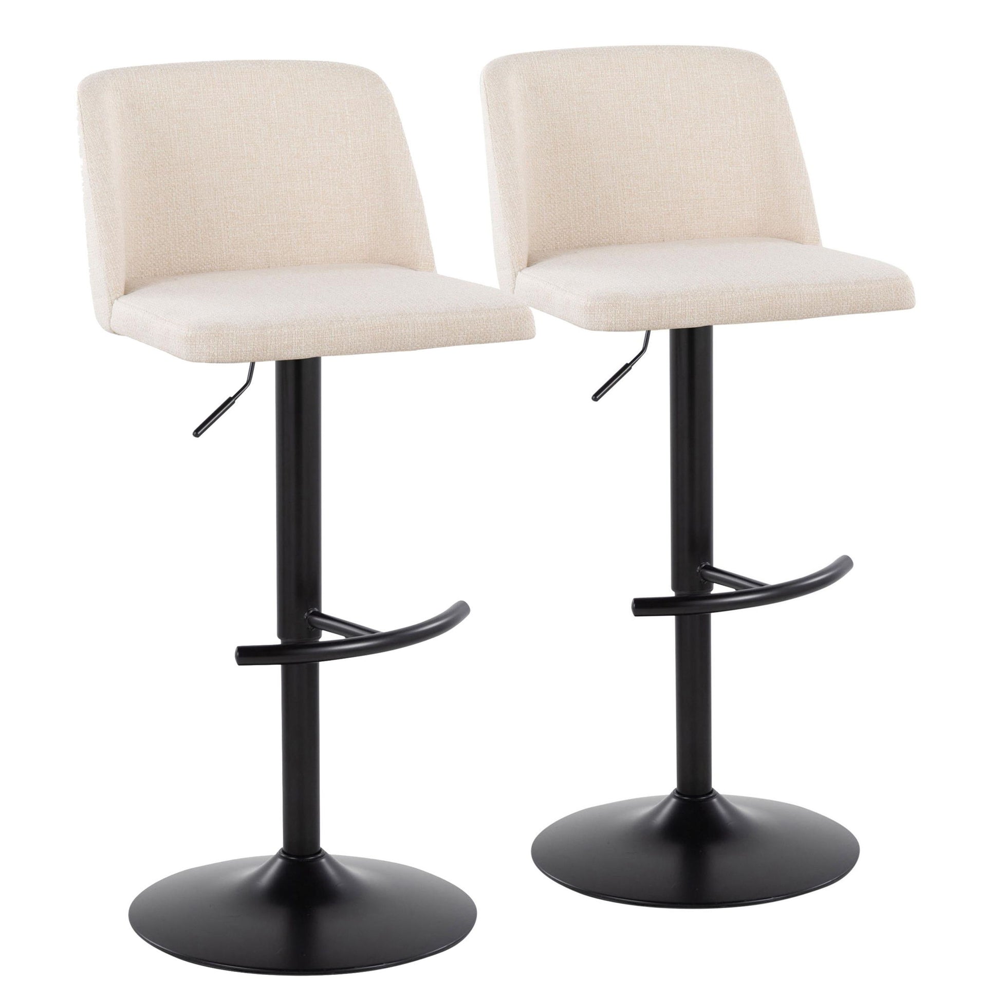 The Toriano Contemporary Adjustable Bar Stool set includes two stools with beige upholstered square seats, black metal pedestal bases, and rounded T footrests. Height is adjustable for personalized comfort.