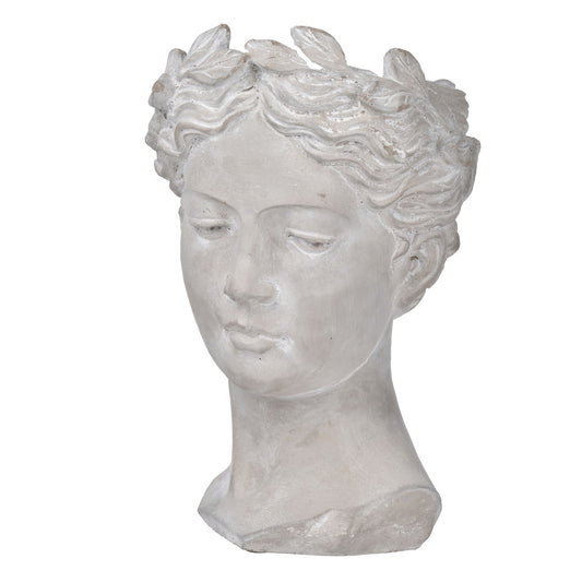 Gray Greek-style cement head planter featuring wavy hair and a laurel wreath, designed in a classical sculpture style. Ideal for indoor or outdoor home and garden decor.
