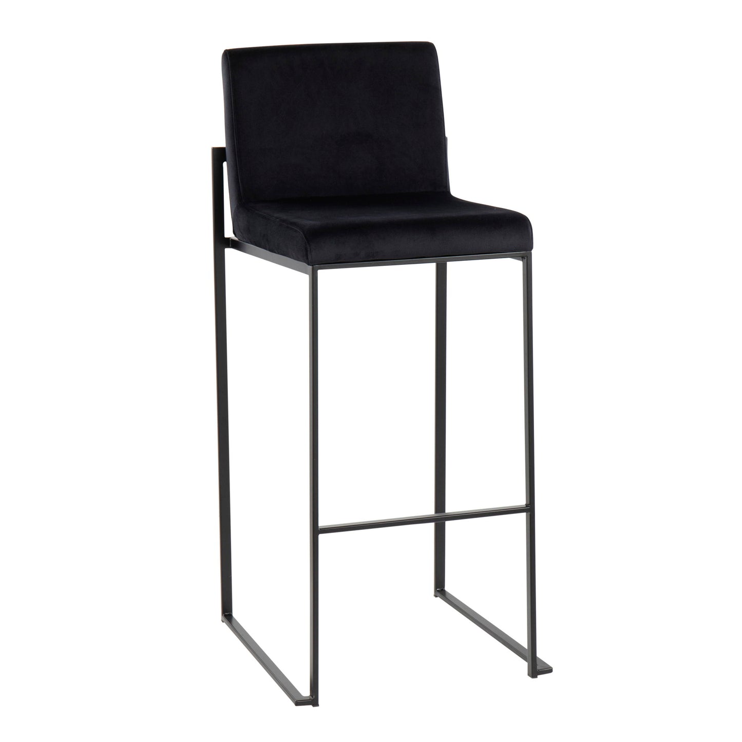 The Fuji - Contemporary High Back Barstool features a black cushioned seat and backrest, complemented by a minimalist metal frame with straight legs and an integrated footrest for elegant style.