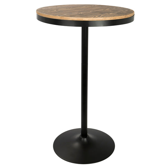 The Dakota Industrial Adjustable Bar Dinette Table features a round wooden top and a single black metal pedestal base.