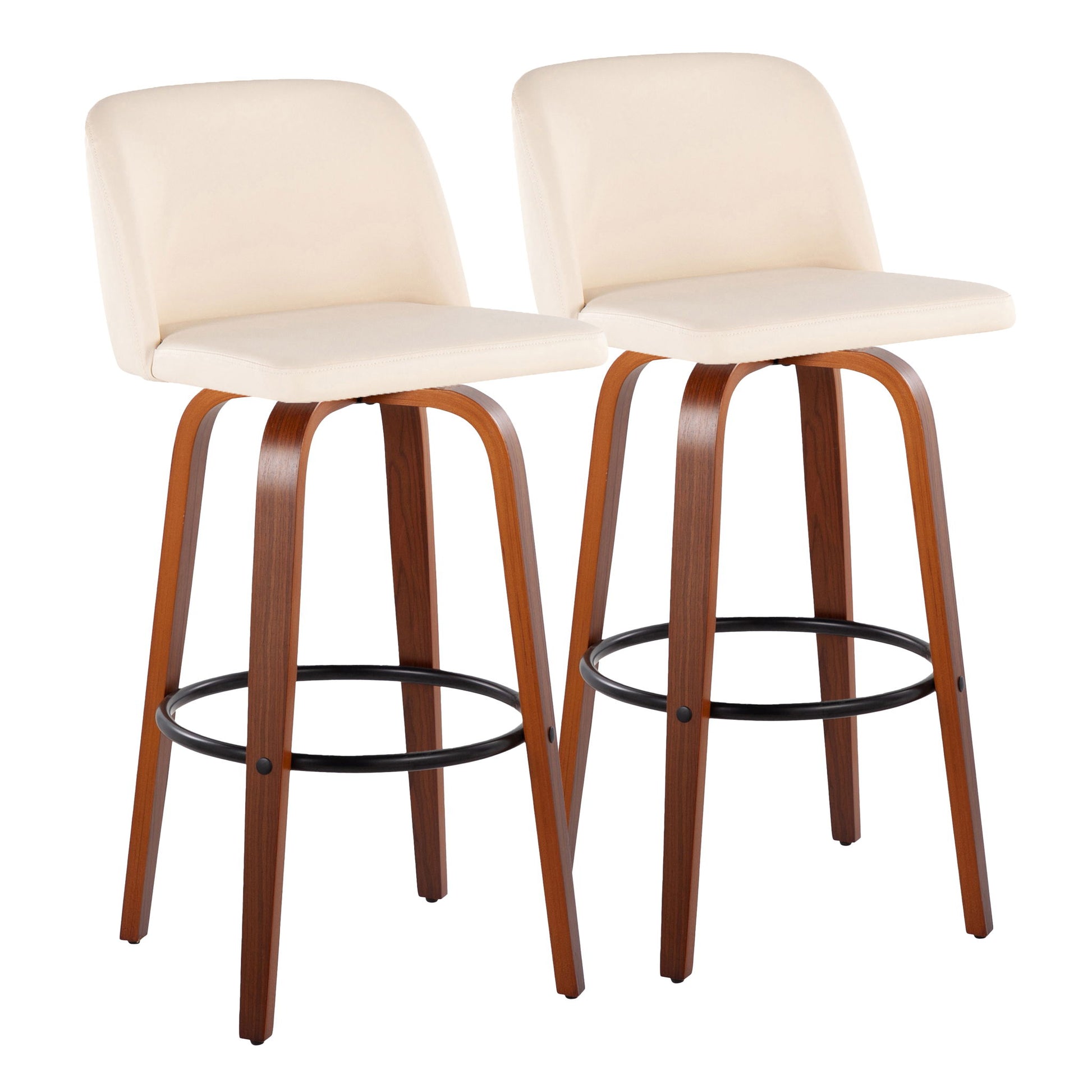 The Toriano Mid Century Modern Fixed Height Barstool features swivel seats and round black footrests. This set of 2 has light cream upholstered seats and curved wooden legs for a sleek, contemporary look.