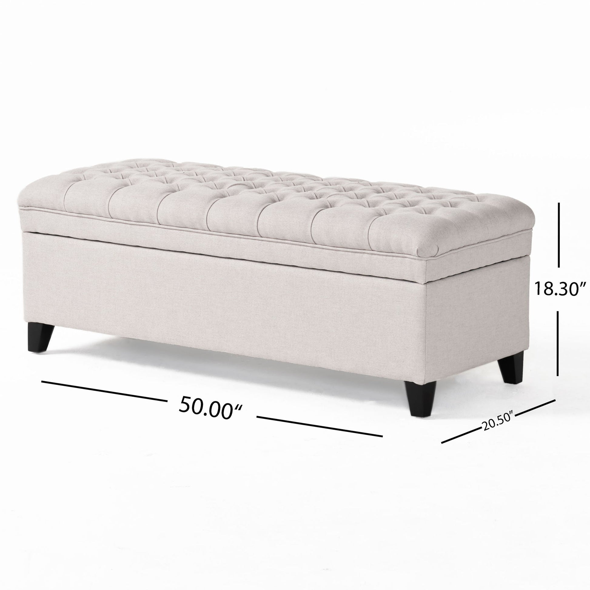 The Juliana Storage Ottoman features a rectangular, light beige upholstered design with a tufted top and birch legs, measuring 50"L x 20.5"D x 18.3"H.