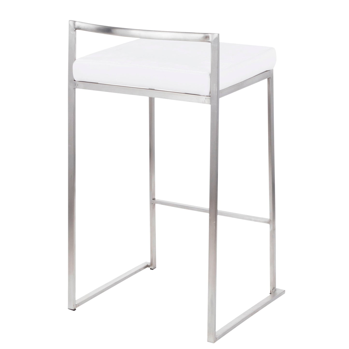 The Fuji - Contemporary Elegant Stackable Counter Stool Set features a sleek metal frame, square white cushioned seat, open backrest, and minimalist design, all shown on a white background.
