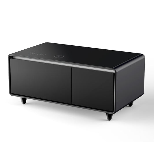 A sleek black Modern Smart Coffee Table features a built-in fridge, Bluetooth speaker, wireless charging, touch control panel on the top left, USB interface, outlet protection, atmosphere light, two front doors, small legs, and rounded edges.