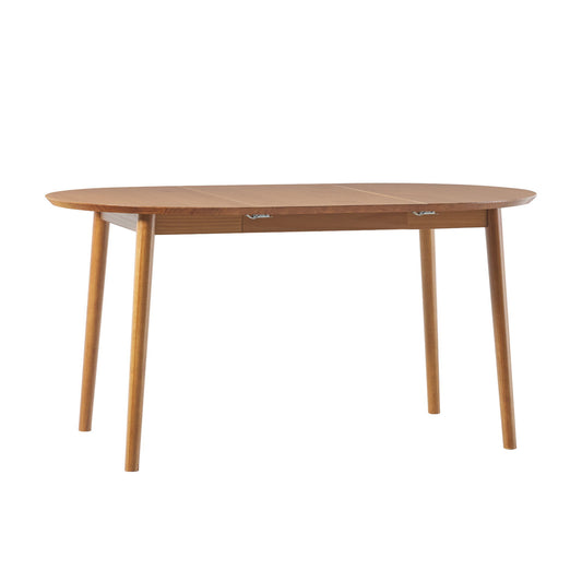 The Couch.com Mid-Century Damsel Extension Dining Table features a modern, oval wood top with a smooth light brown finish, four angled legs, and a removable leaf for flexible dining.