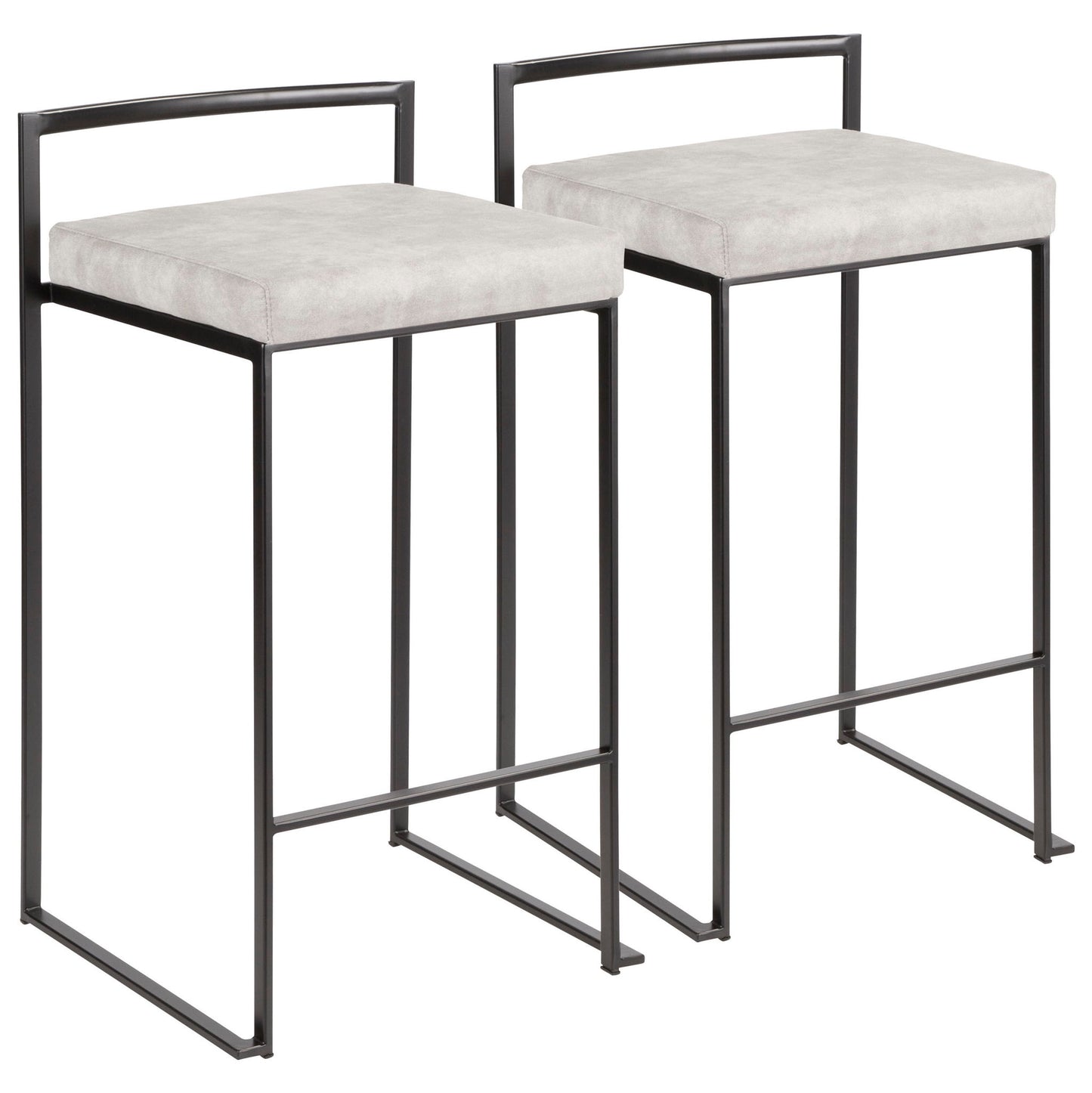The Fuji Contemporary Style Stackable Counter Stool features a modern design with black metal frames, light gray cushioned seats, minimalist backrests, and rectangular legs.