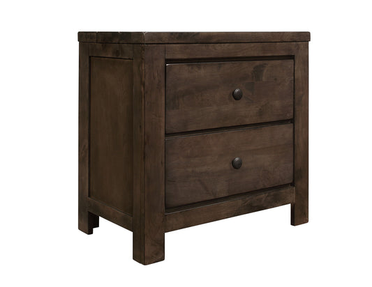The Verna 2 Drawer Nightstand in brown features a sturdy rectangular design, straight legs, a smooth finish, and two drawers with round black knobs.