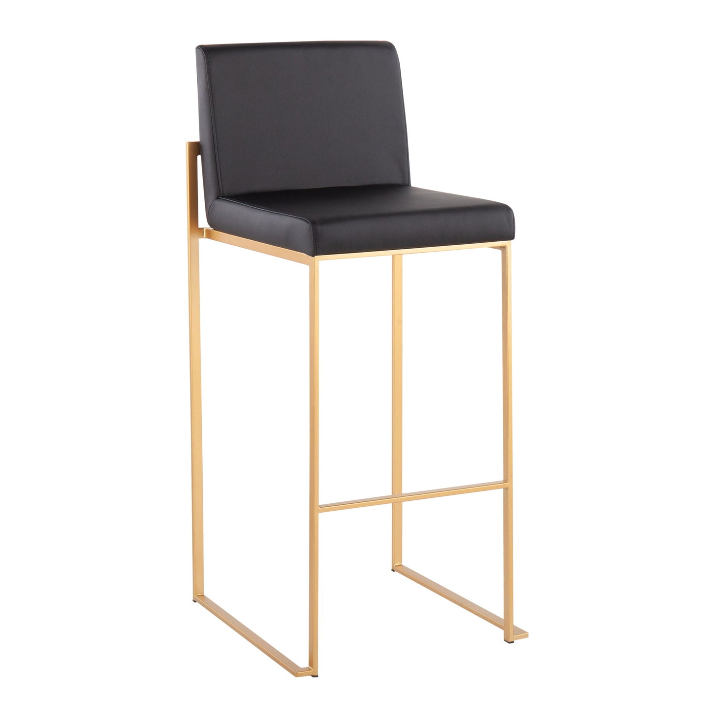 The Fuji - Contemporary Design High Back Barstool (Set of 2) features a black cushioned seat and backrest, slim gold metal legs, and a sleek minimalist look—perfect for any modern bar or kitchen space.