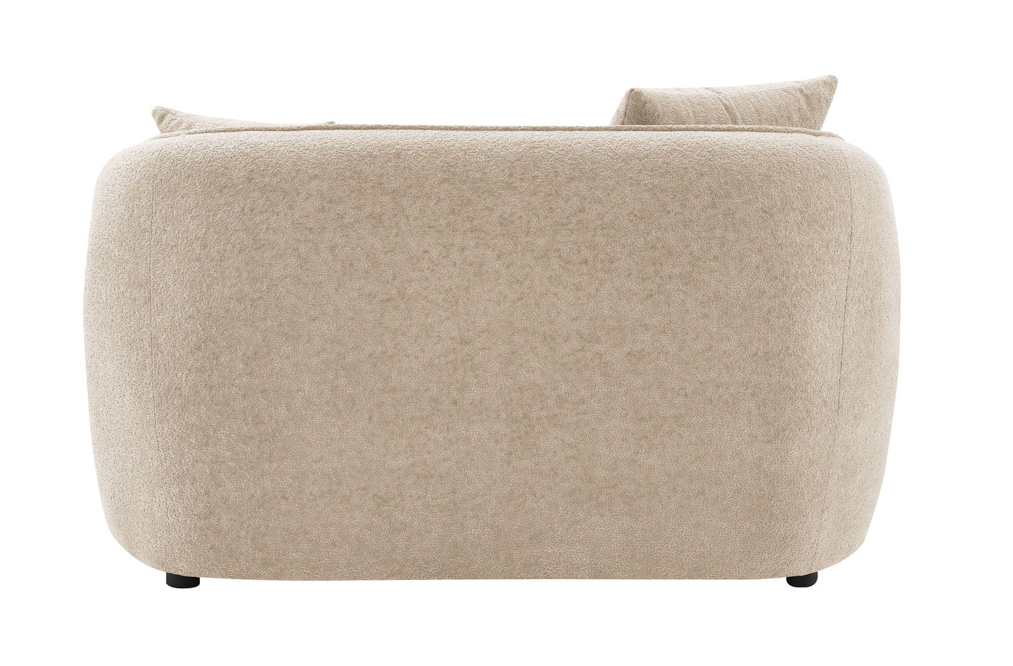 The Keith Chenille Loveseat features plush beige upholstery, a curved and rounded back, short black legs, and comes with 2 matching color toss pillows for modern comfort.