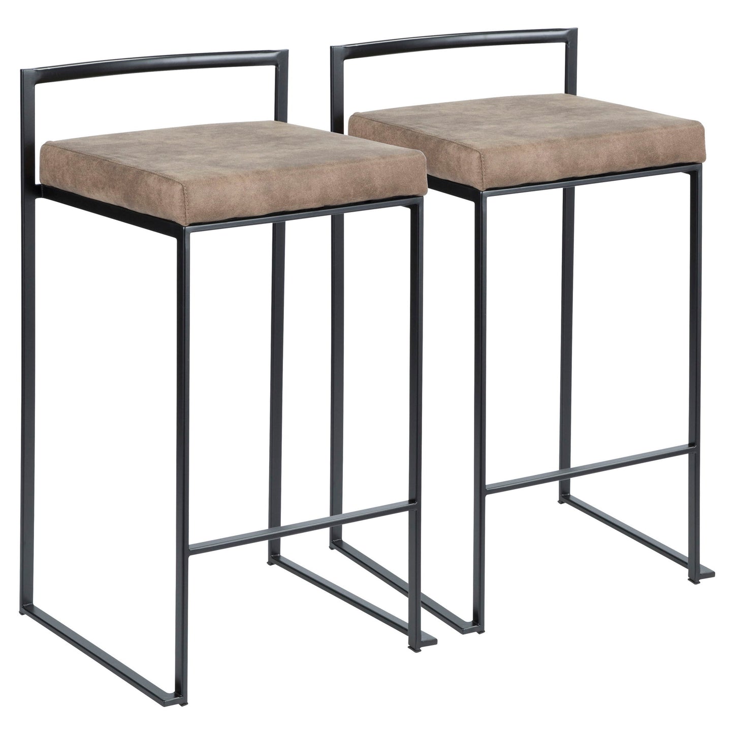 Set of two Fuji stackable counter stools with black metal frames, square brown cushioned seats, minimalist backrests, and an open leg design. Contemporary style perfect for modern spaces.