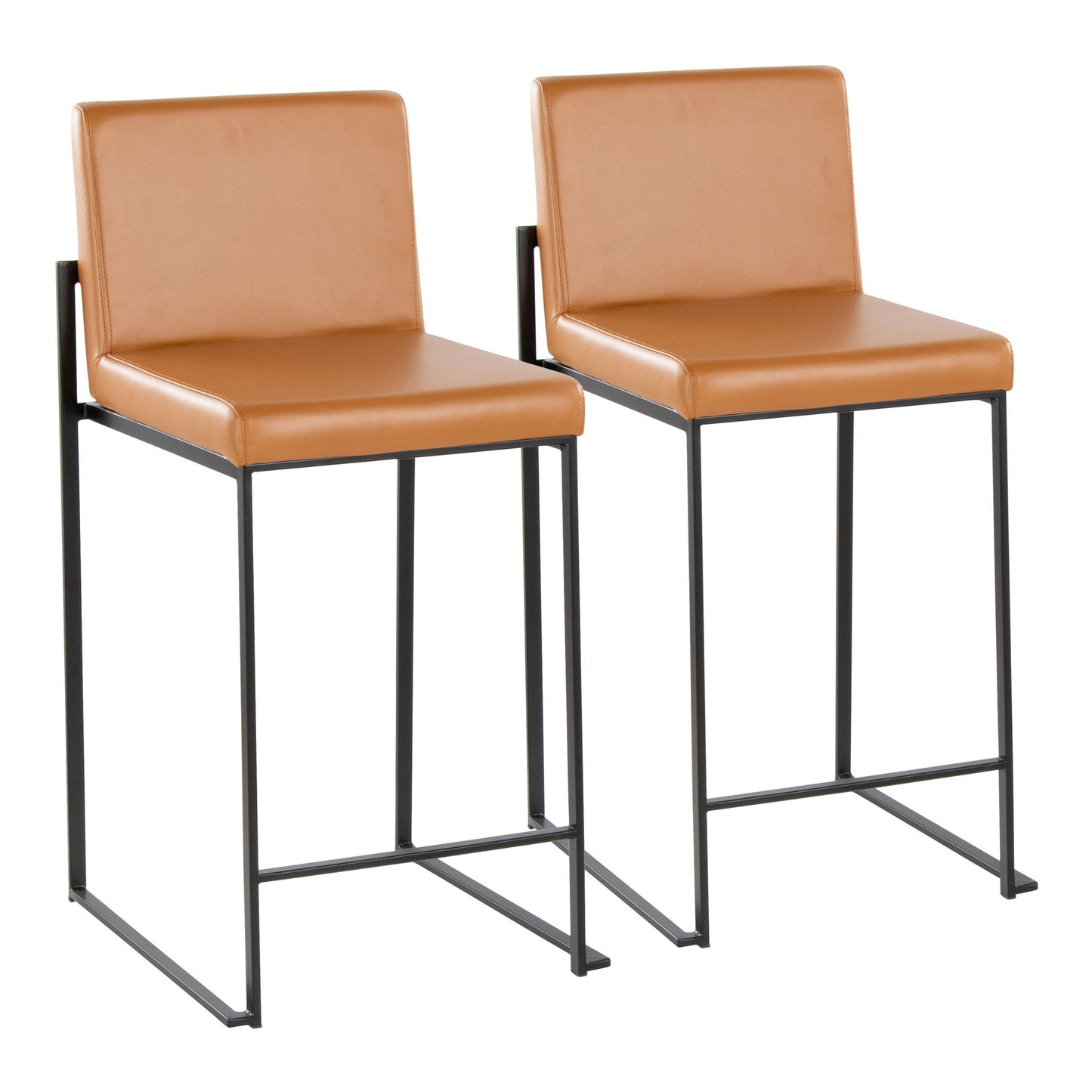 Two Fuji Contemporary High Back Barstools with tan leather seats and backs, black metal frames, and footrests are placed side by side on a white background, showcasing their elegant modern design.