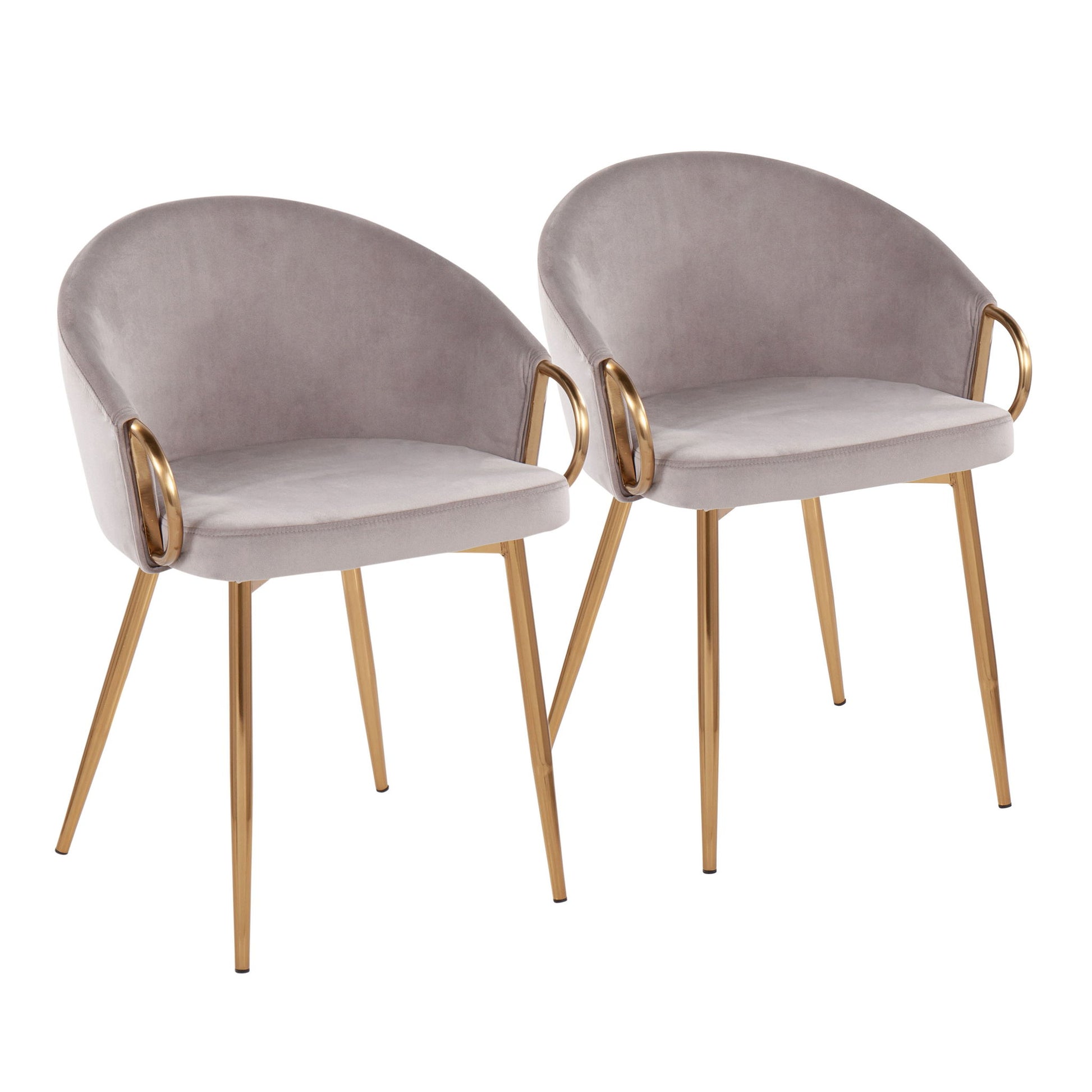Two Claire Contemporary Glam Chairs with light gray velvet upholstery, rounded backs, and gold metal legs and armrests are placed side by side against a white background.