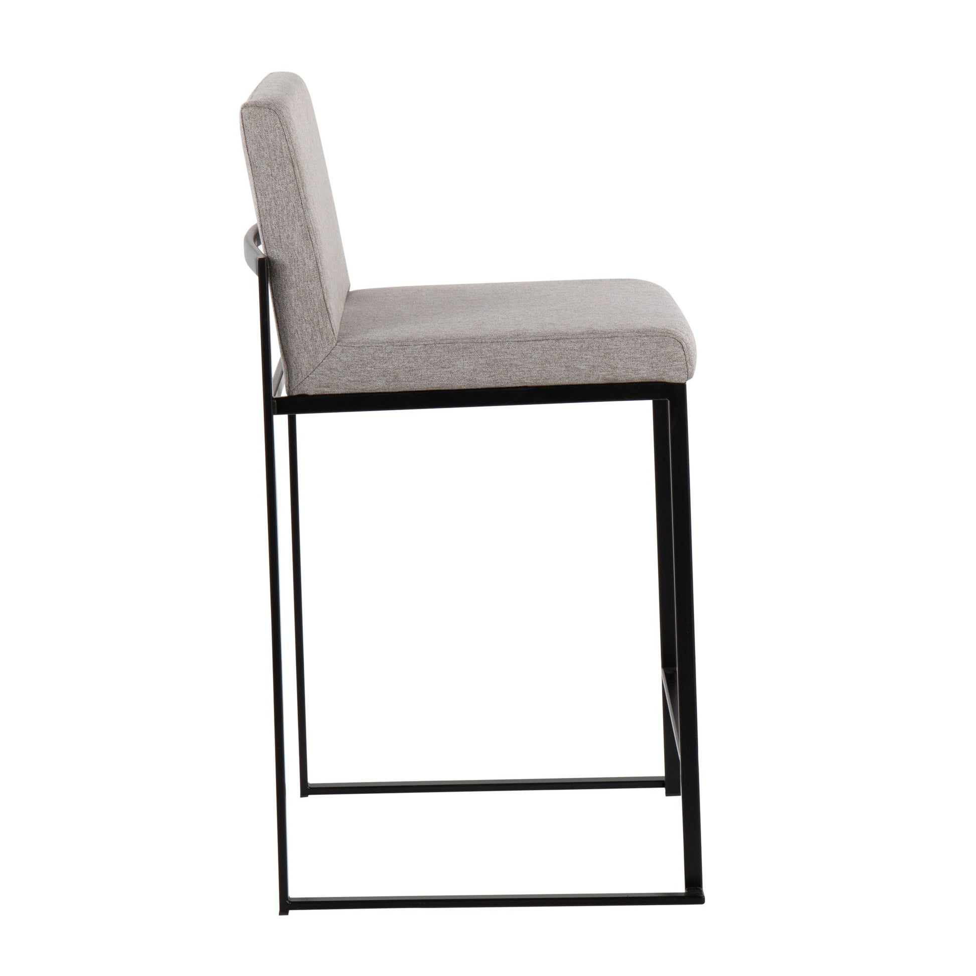Side view of the Fuji - Contemporary Modern Elegance High Back Counter Stool featuring a light gray cushioned seat and backrest, supported by a minimalist black metal frame with a rectangular base.