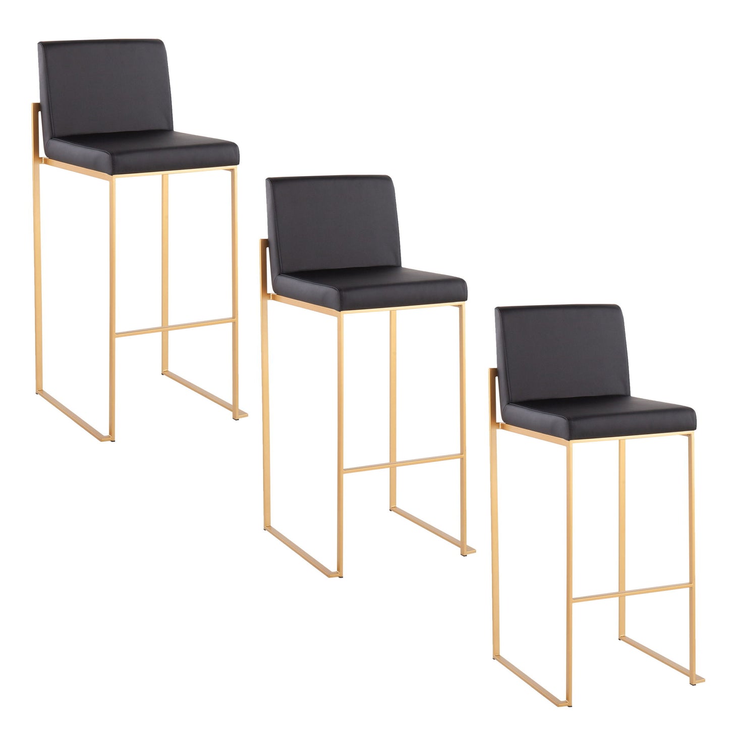 Two Fuji Contemporary Design High Back Barstools with gold metal frames and black cushioned seats and backs are arranged diagonally against a white background.