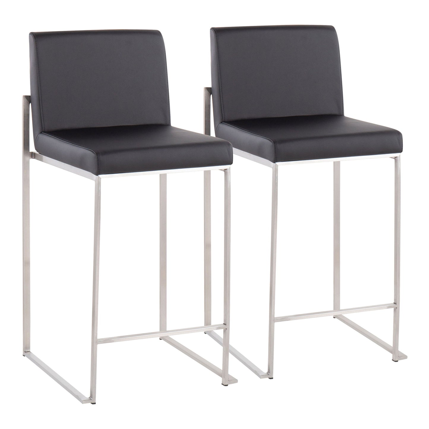 The Fuji Contemporary High Back Counter Stool features a minimalist, modern design with a black rectangular seat and back, sleek silver metal frame, and footrest—perfect for any contemporary space.