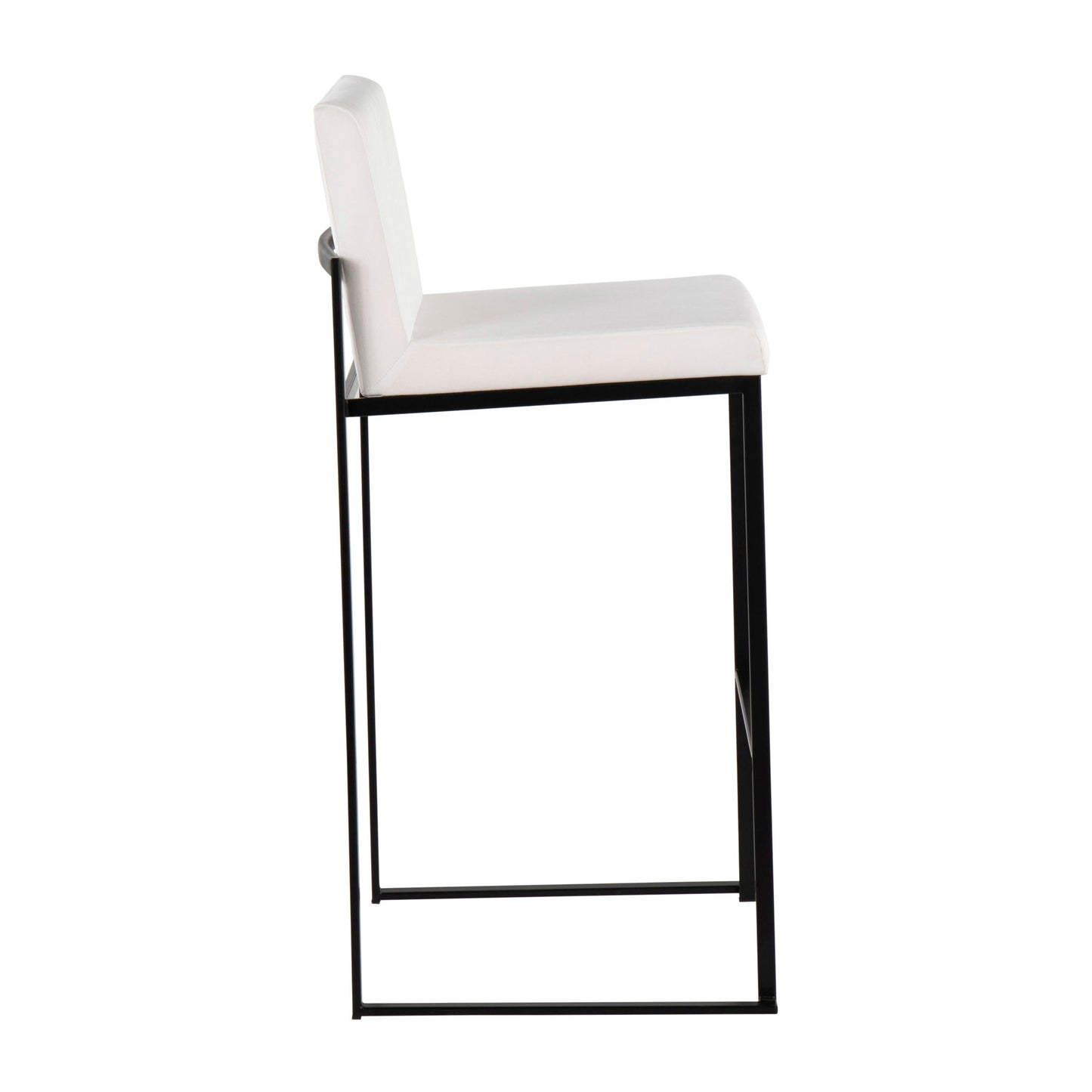 Side view of the Fuji Contemporary High Back Barstool, featuring a white cushioned seat and backrest on a sleek black metal frame and legs, set against a white background.