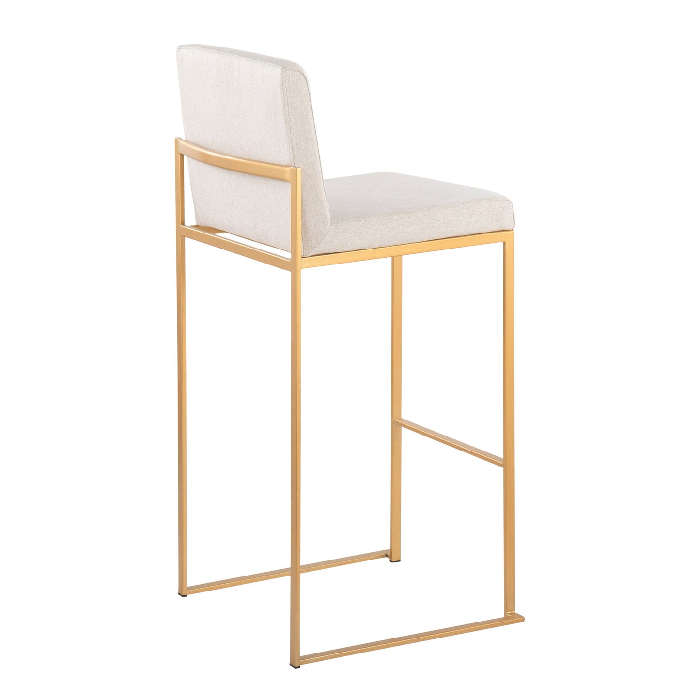The Fuji - Contemporary Design High Back Barstool (Set of 2) features a gold metal frame, slim legs, low rectangular backrest, and upholstered beige seat and back for a simple, minimalist look.