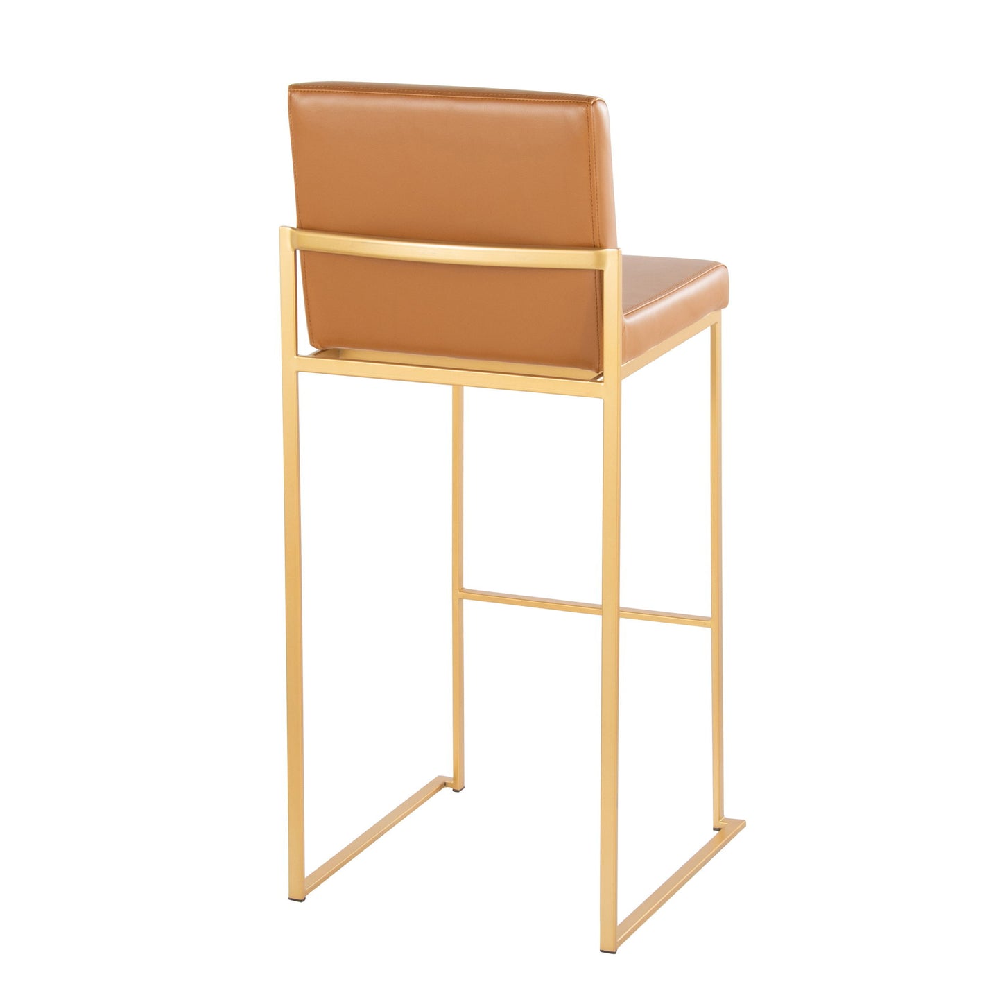 The Fuji - Contemporary Design High Back Barstool (Set of 2) features a modern gold metal frame with a tan leather seat and backrest, shown from behind at an angle.