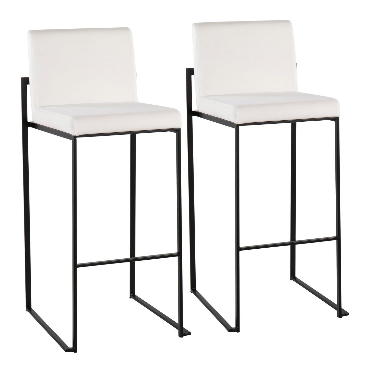 Two Fuji Contemporary High Back Barstools with white cushioned seats and backs, sleek black metal frames, and footrests, elegantly designed and placed side by side on a white background.