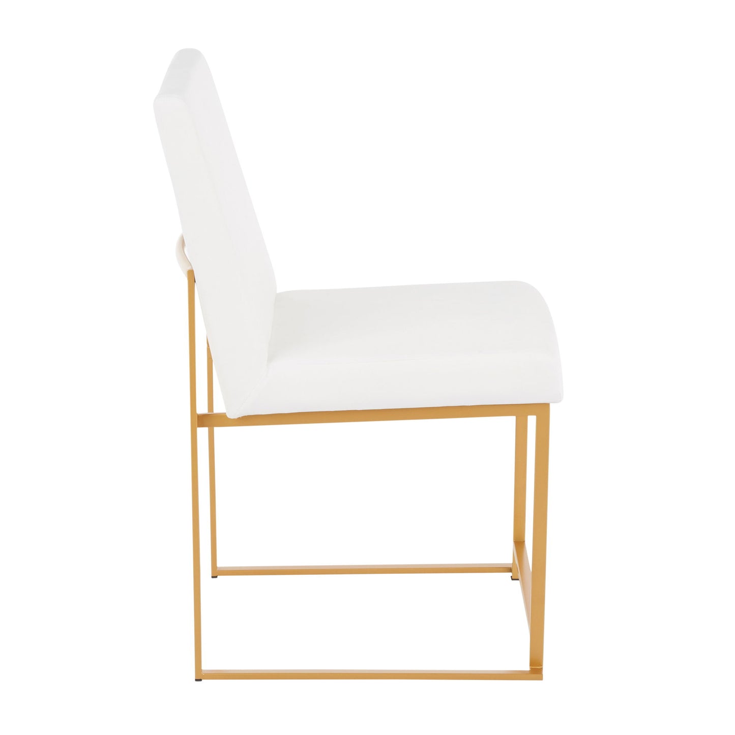 Side view of the Fuji Contemporary Stylish Frame High Back Dining Chair (Set of 2), featuring a white cushioned seat and backrest on a slim gold-colored metal frame for a minimalist, modern look.