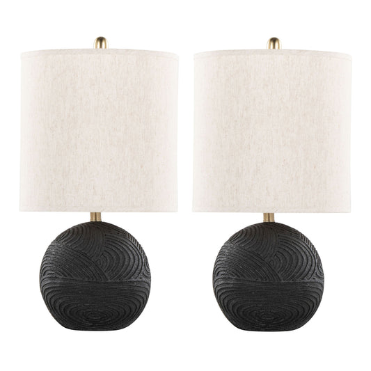 The Kona Contemporary Table Lamp set includes two lamps with round, matte black textured bases and cylindrical natural fabric shades, shown against a white background.