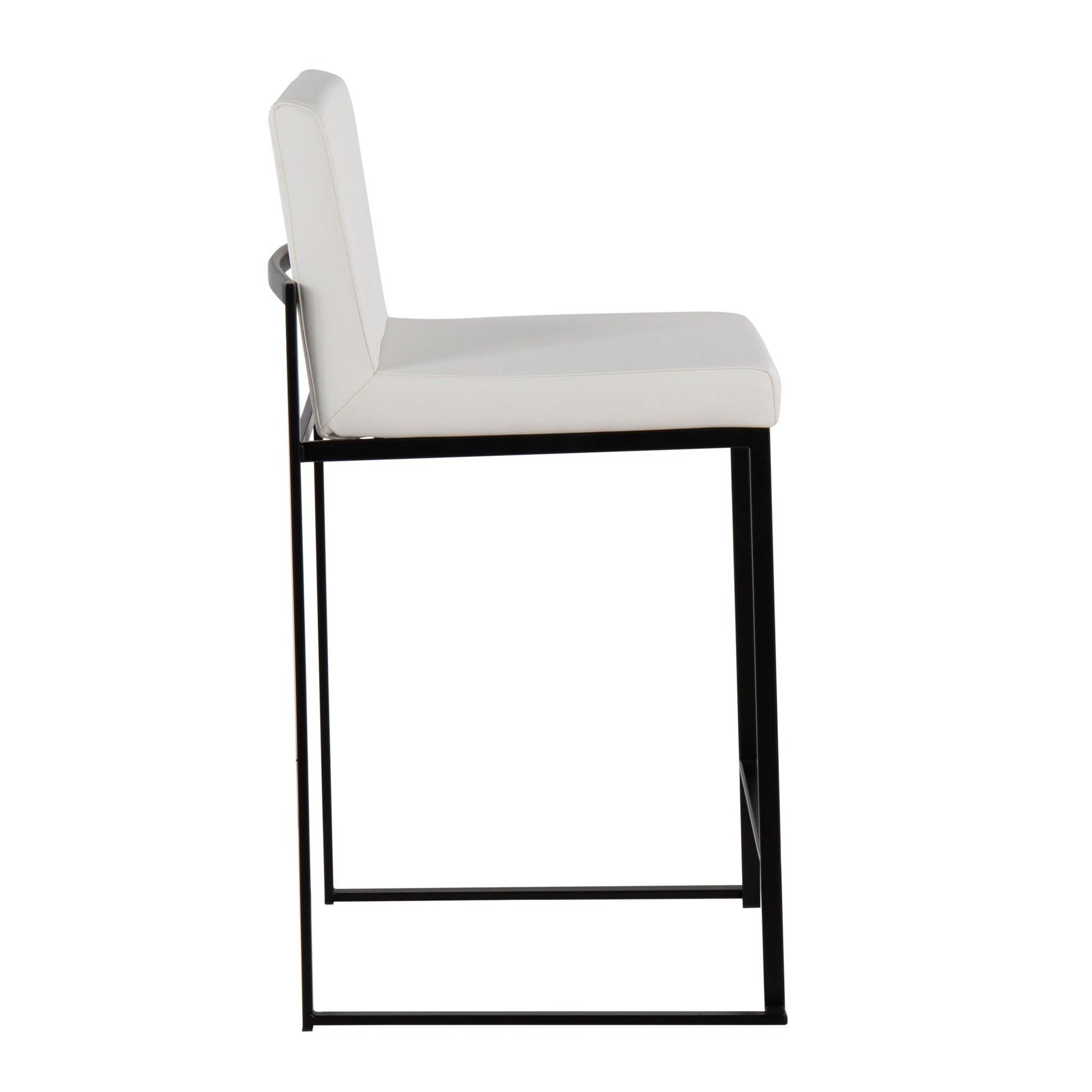 The Fuji - Contemporary Modern Elegance High Back Counter Stool features a white cushioned seat and backrest with a sleek black metal frame, shown in side profile against a white background.