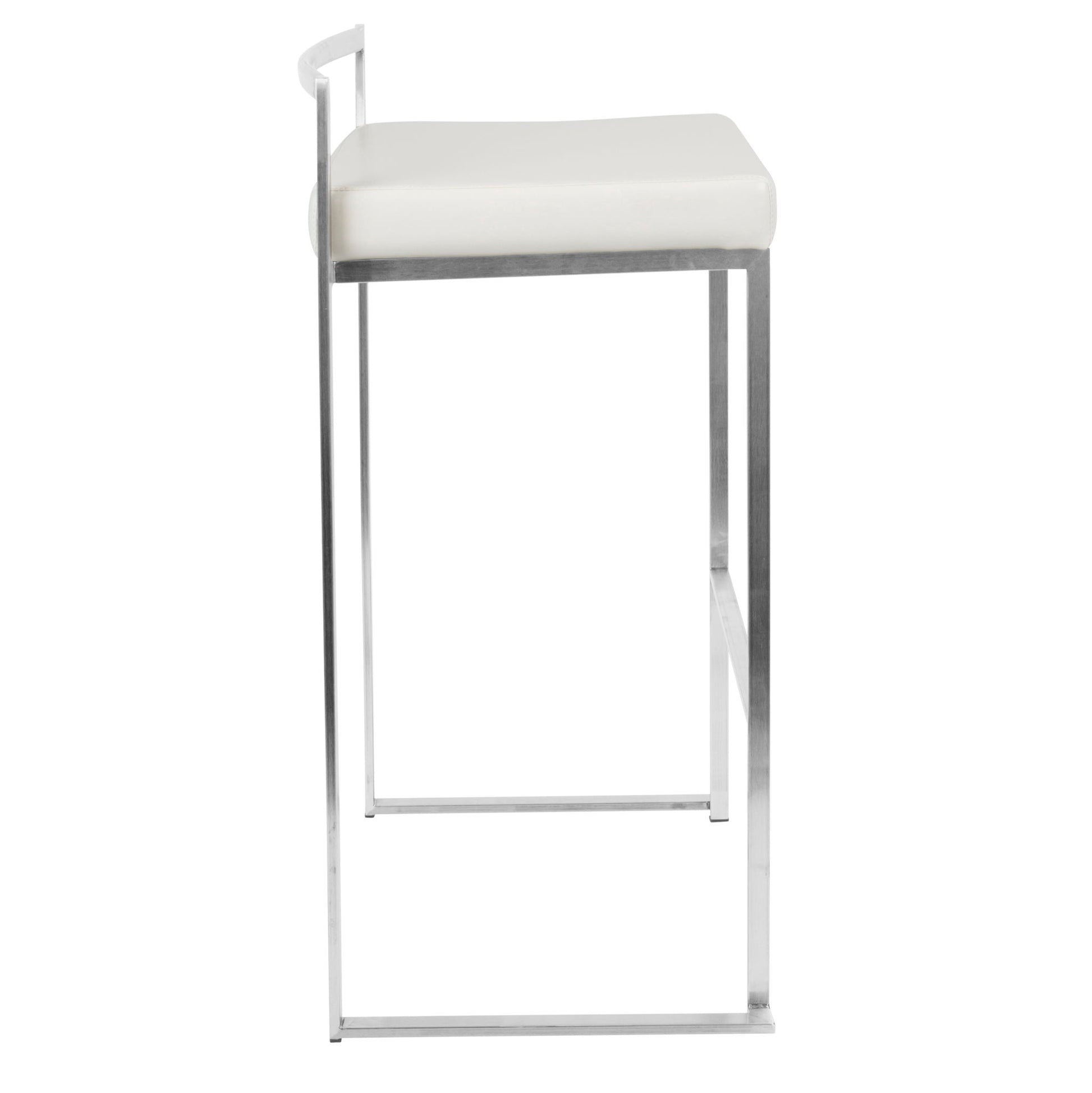 Side view of the Fuji - Contemporary and Elegant Design Stackable Barstool, featuring a white cushioned seat, slim metal frame, minimalist backrest, and a silver-finish base with clean straight lines.