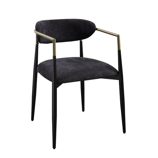 The Jaramillo Chenille Side Chair (Set of 2) in black features slender metal legs, a curved backrest, brass-accented armrests, and dark chenille upholstery on the seat and back. Each chair stands on four tapered legs for a modern look.